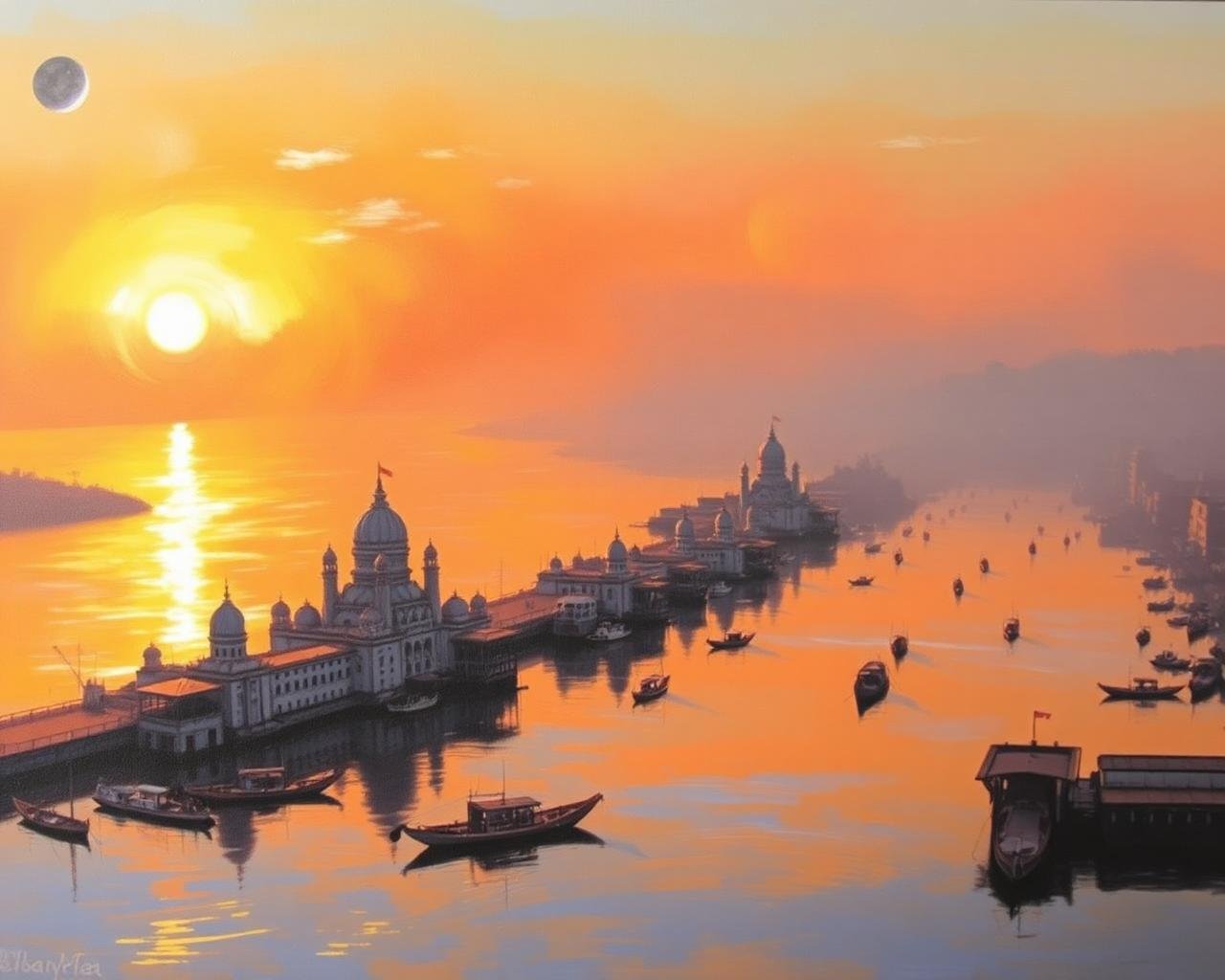 Landscape painting of Prayagraj Sangam at sunset by Laiba Khursheed