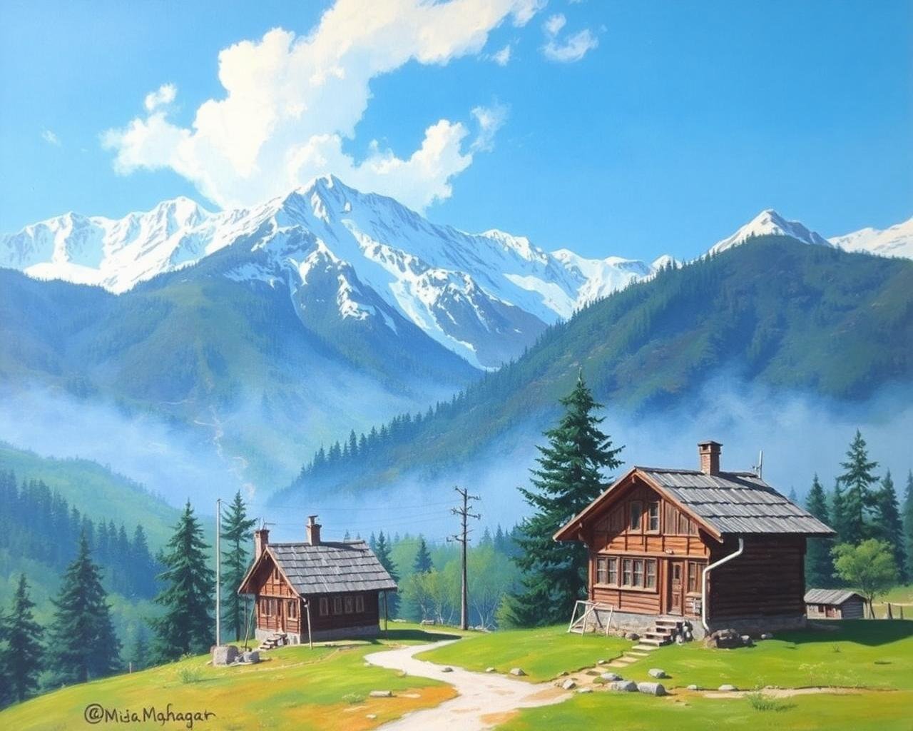 Landscape painting of Kashmir valley by Laiba Khursheed
