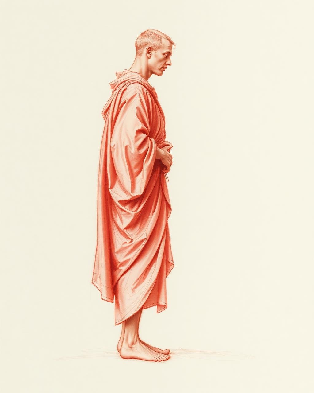 Sanguine chalk life study of standing draped figure by Laiba Khursheed