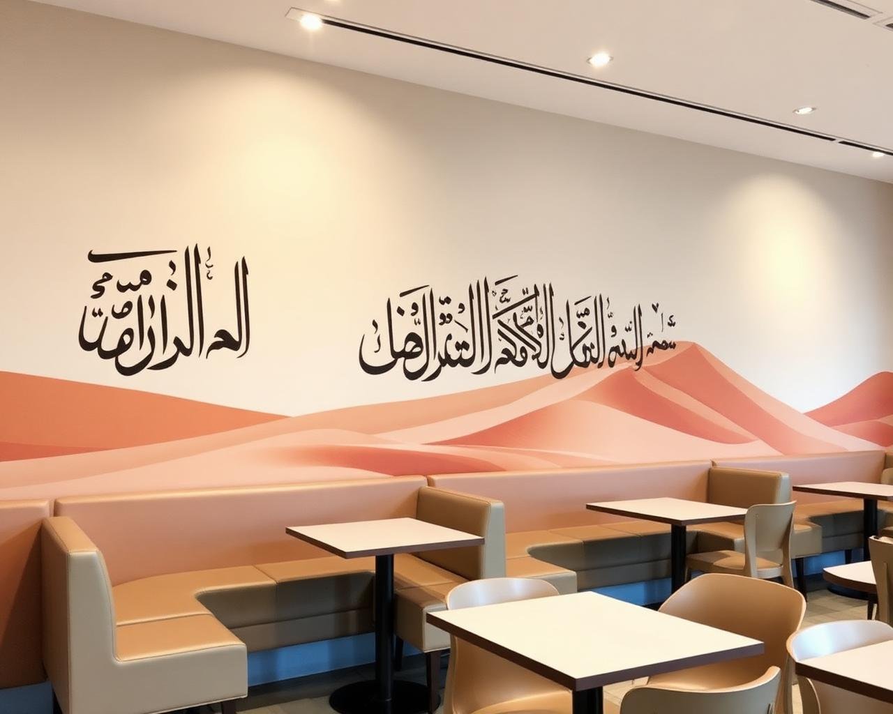 Cafe interior mural with Arabic calligraphy and dunes by Laiba Khursheed