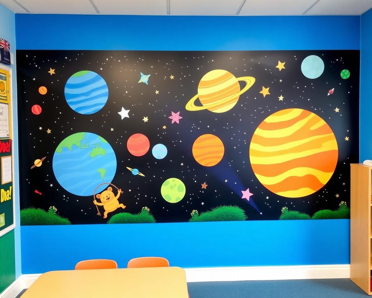 Primary classroom mural of the solar system by Laiba Khursheed