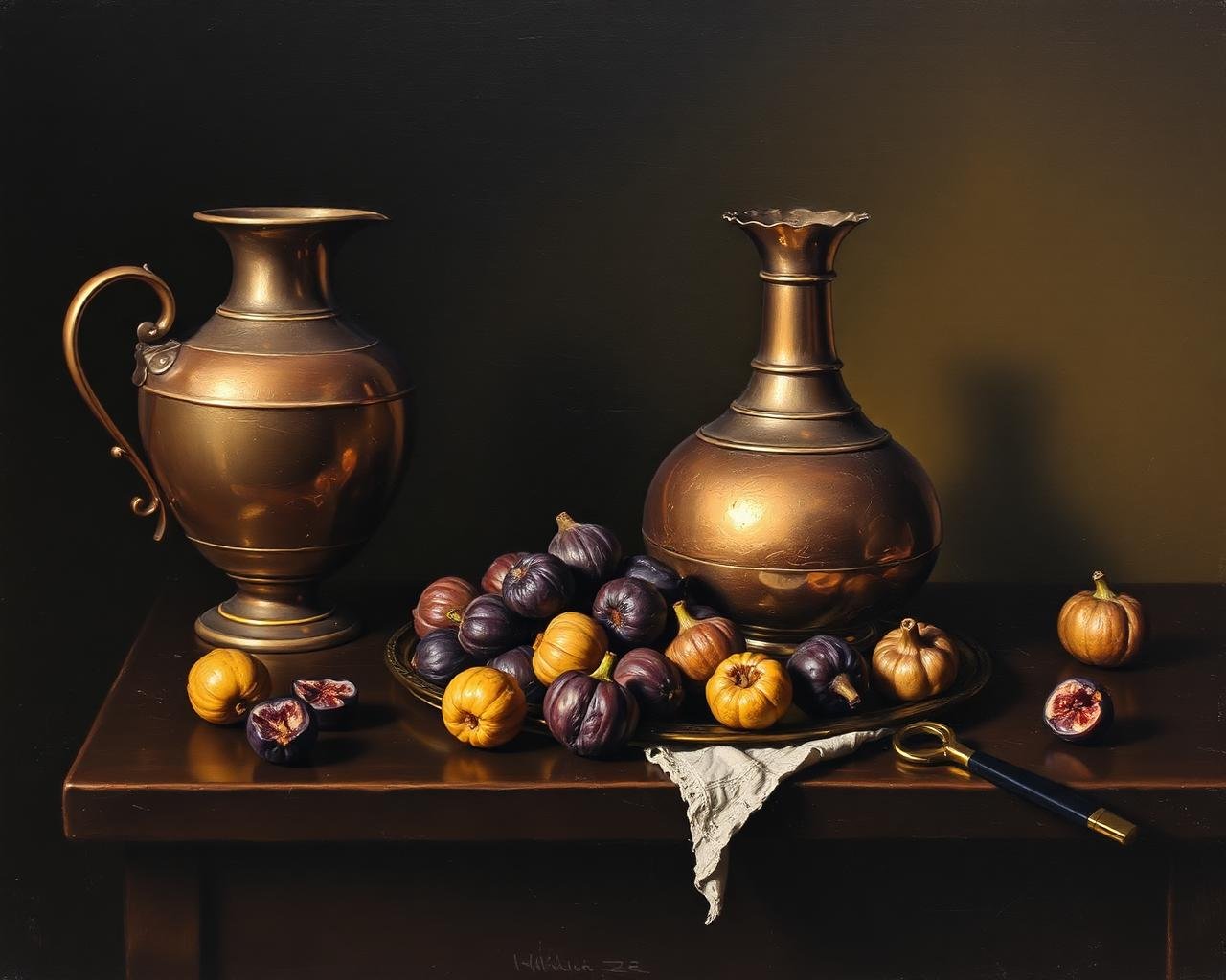 Oil still life of copper vessels and figs by Laiba Khursheed