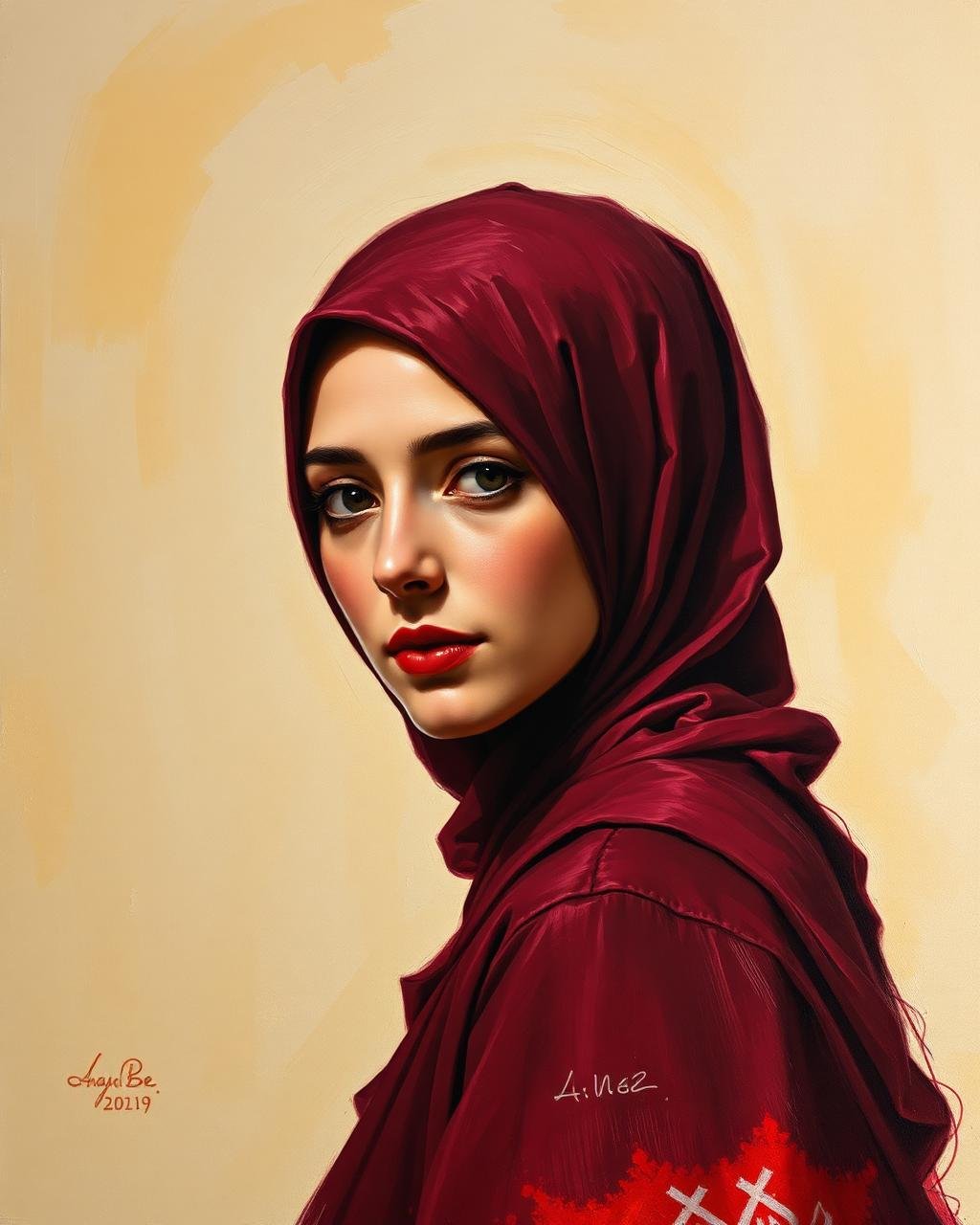 Oil painting of a woman in burgundy hijab by Laiba Khursheed