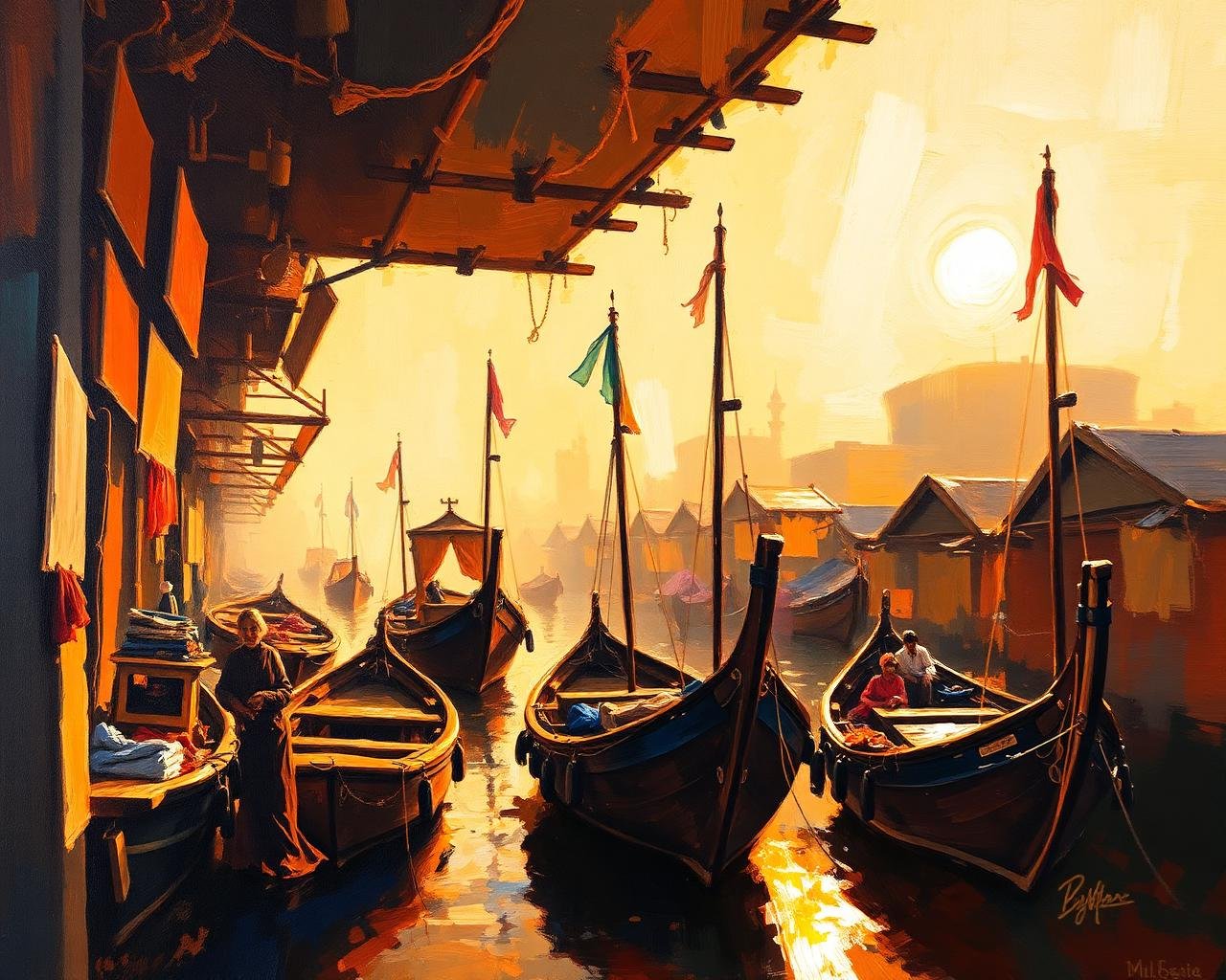 Oil painting of Dubai old souk at sunset by Laiba Khursheed