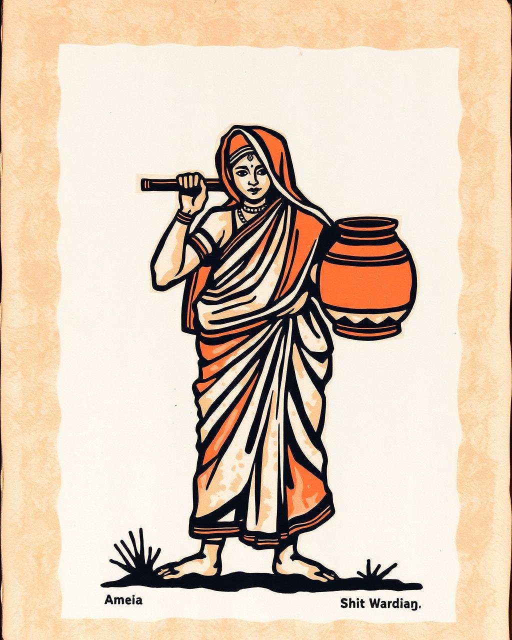Woodblock print of a village water carrier by Laiba Khursheed