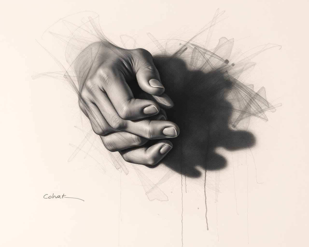 Charcoal drawing of folded hands by Laiba Khursheed