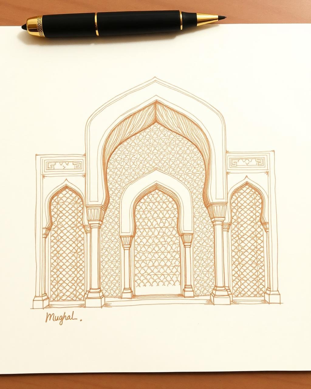 Pen and ink sketch of Mughal architecture by Laiba Khursheed
