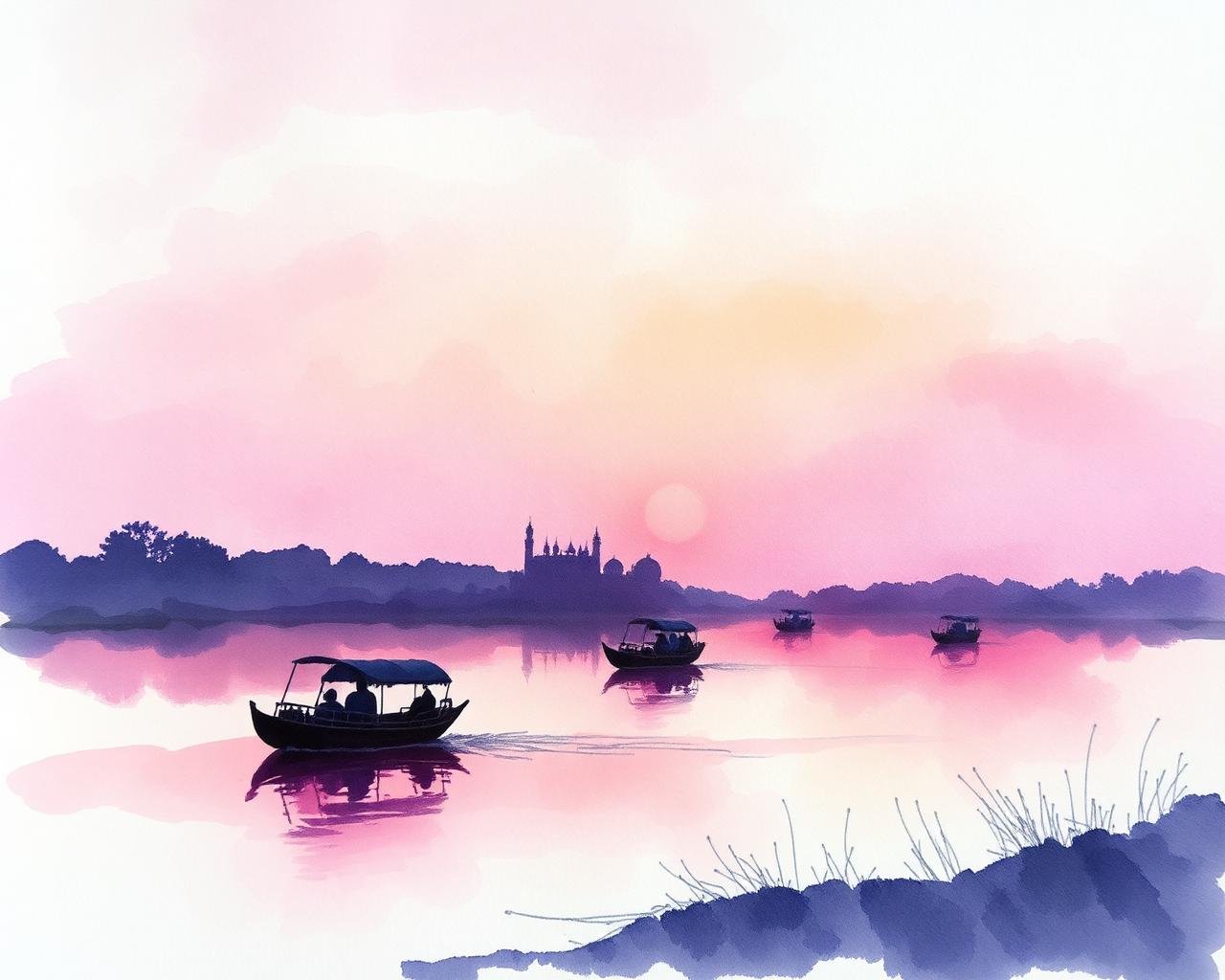Watercolour landscape of Yamuna river at dusk by Laiba Khursheed