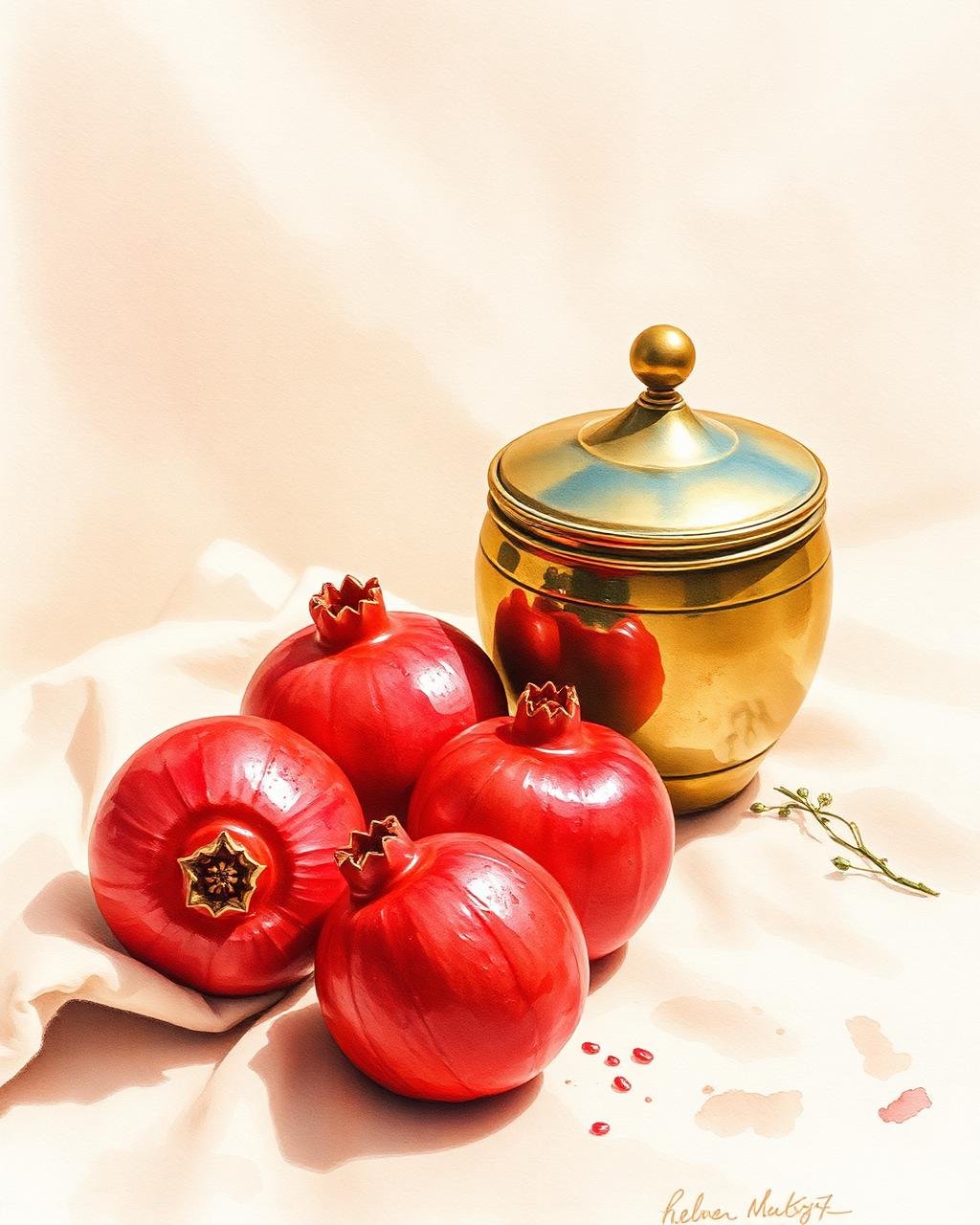 Watercolour still life of pomegranates and brass pot by Laiba Khursheed