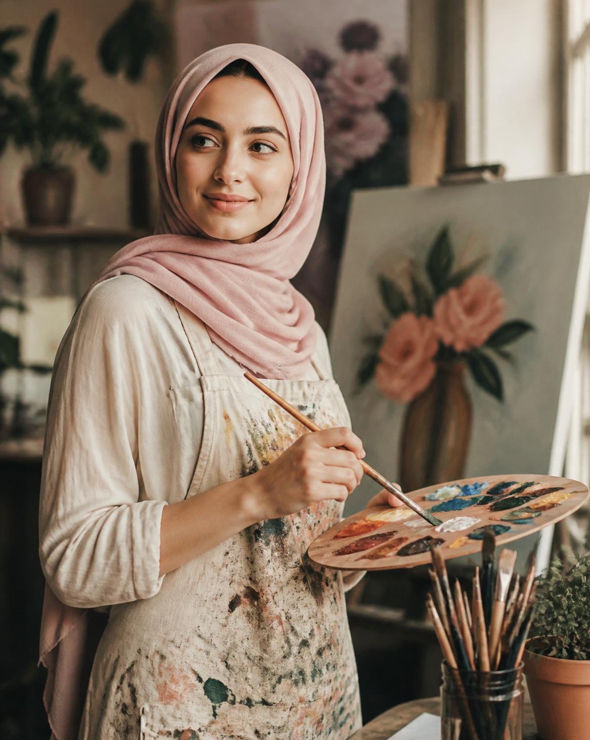 Laiba Khursheed in her studio holding a palette